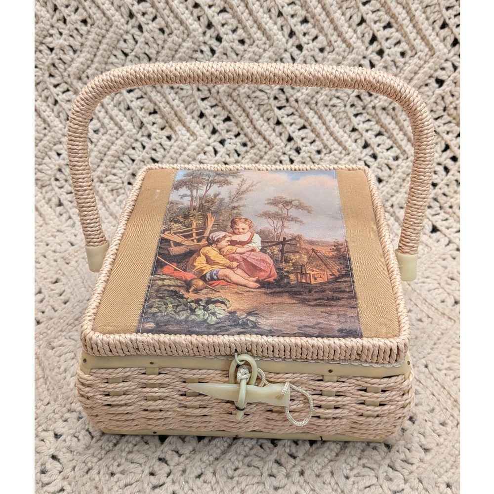 Vintage Woven Wicker Sewing Basket Pastoral Scene Padded Lid Toggle Closure Tan